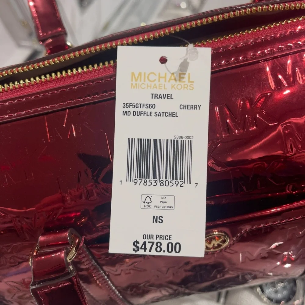 MICHAEL KORS Jet Set Medium Metallic Logo Debossed Satchel
Cherry 
NWT - Picture 9 of 15